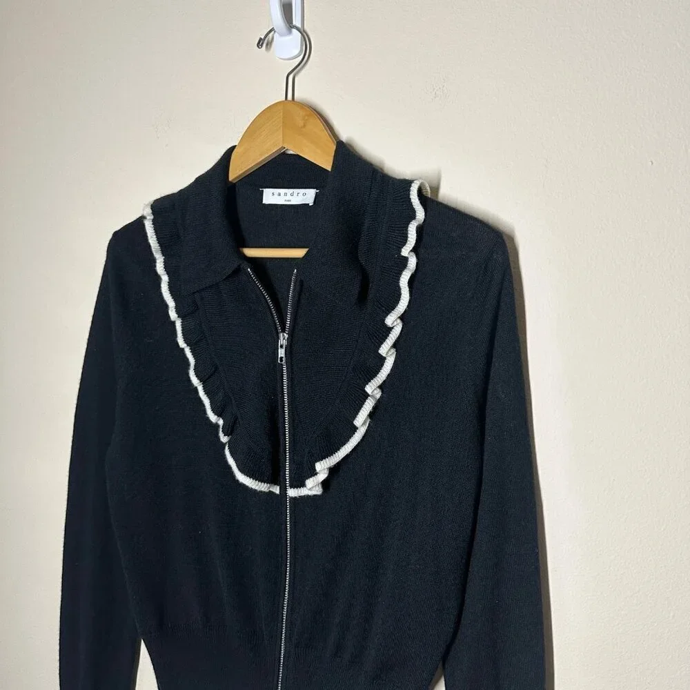 Sandro Paris Tao Ruffled Zip Up Cardigan Womens Size 3 US L Wool Romantic Luxe